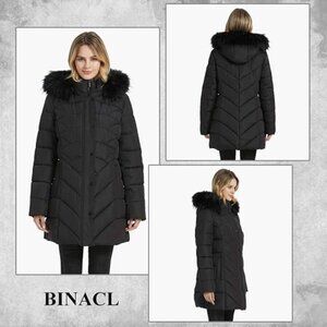 Binacl Women's Winter Black Long Outwear Parka Faux Fur Coat Parka Sz Large NWT
